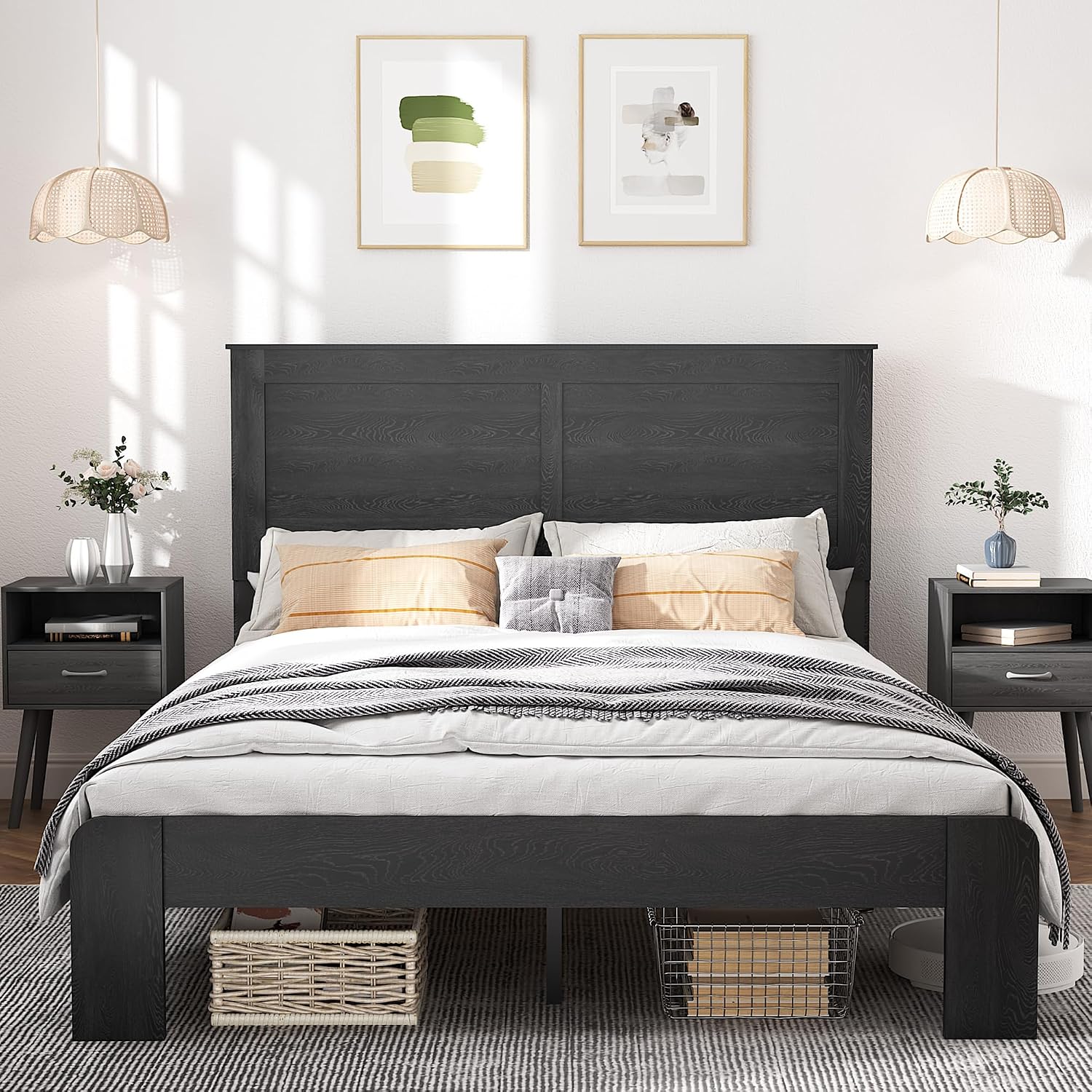 NNOOTK Full Size Bed Frame, Rustic Vintage Platform Bed Frame with Wood Headboard and Footboard, 12 Wood Slats Support, No Box Spring Needed (Black, Full)