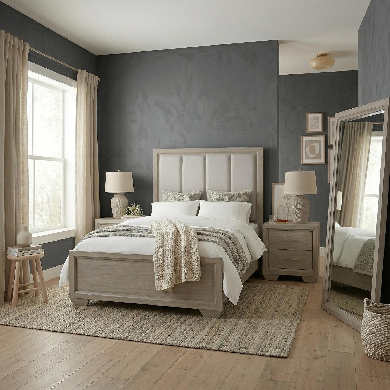 Roundhill Furniture Ennesley Gray Wood Upholstered Panel Bed, Full Size