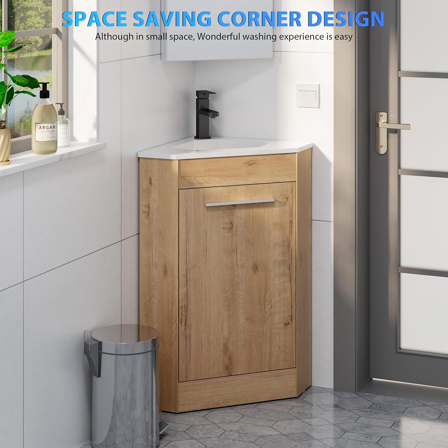 eclife 26' Corner Bathroom Vanity Sink Combo for Small Space Freestanding Storage Cabinet with White Resin Sink and Matte Black Faucet, Natural