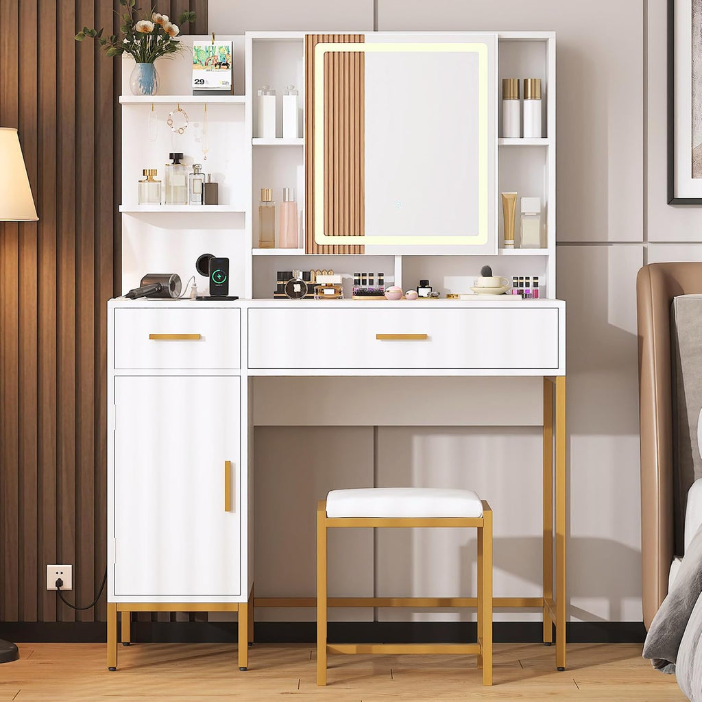IDEALHOUSE Vanity Desk with Mirror and Lights, 42.5' Makeup Vanity Set with Stool, Makeup Table with Mirror Cabinet and Chair, Drawers & Shelves, Dressing Table with Outlet for Bedroom, White