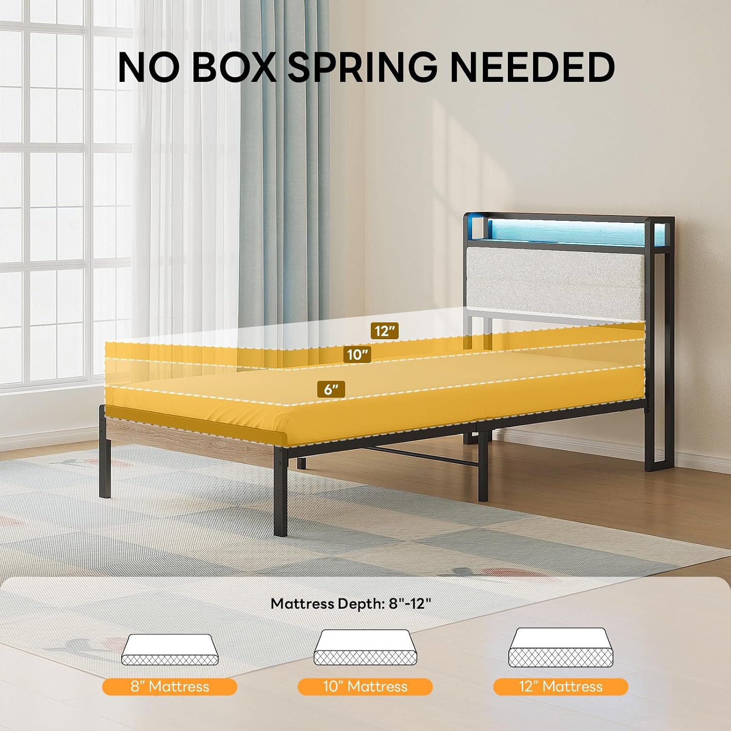 LIKIMIO Twin Bed Frame with Storage Headboard & LED Lights, Metal Platform Bed with Charging Station, Noise Free, No Box Spring Needed, Under Bed Storage, Natural and Cream