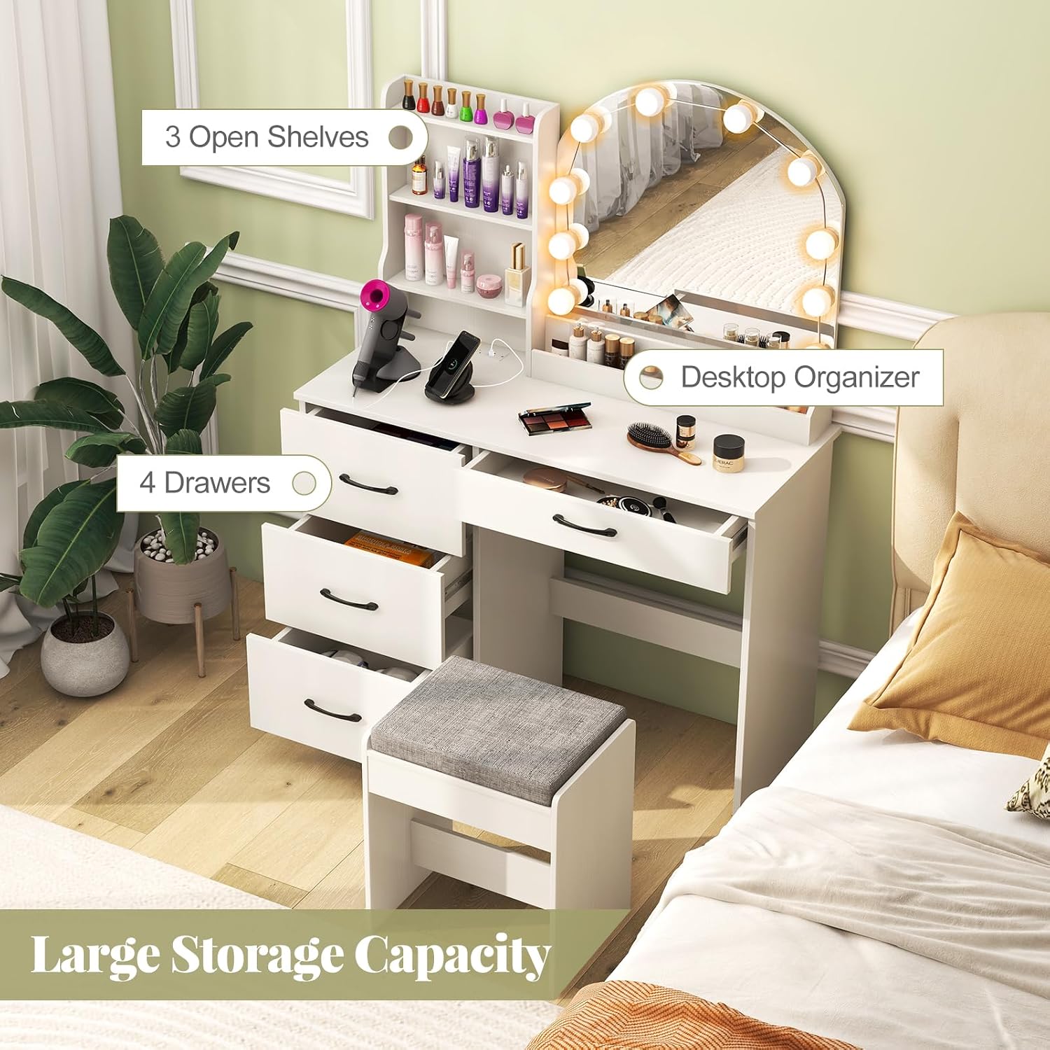 CHARMAID Vanity Desk with Mirror and Lights, White Makeup Vanity Desk with 4 Drawers, Storage Shelves, Charging Station, 3 Lighting Modes, 40 inch Large Vanity Dressing Table with Stool for Bedroom