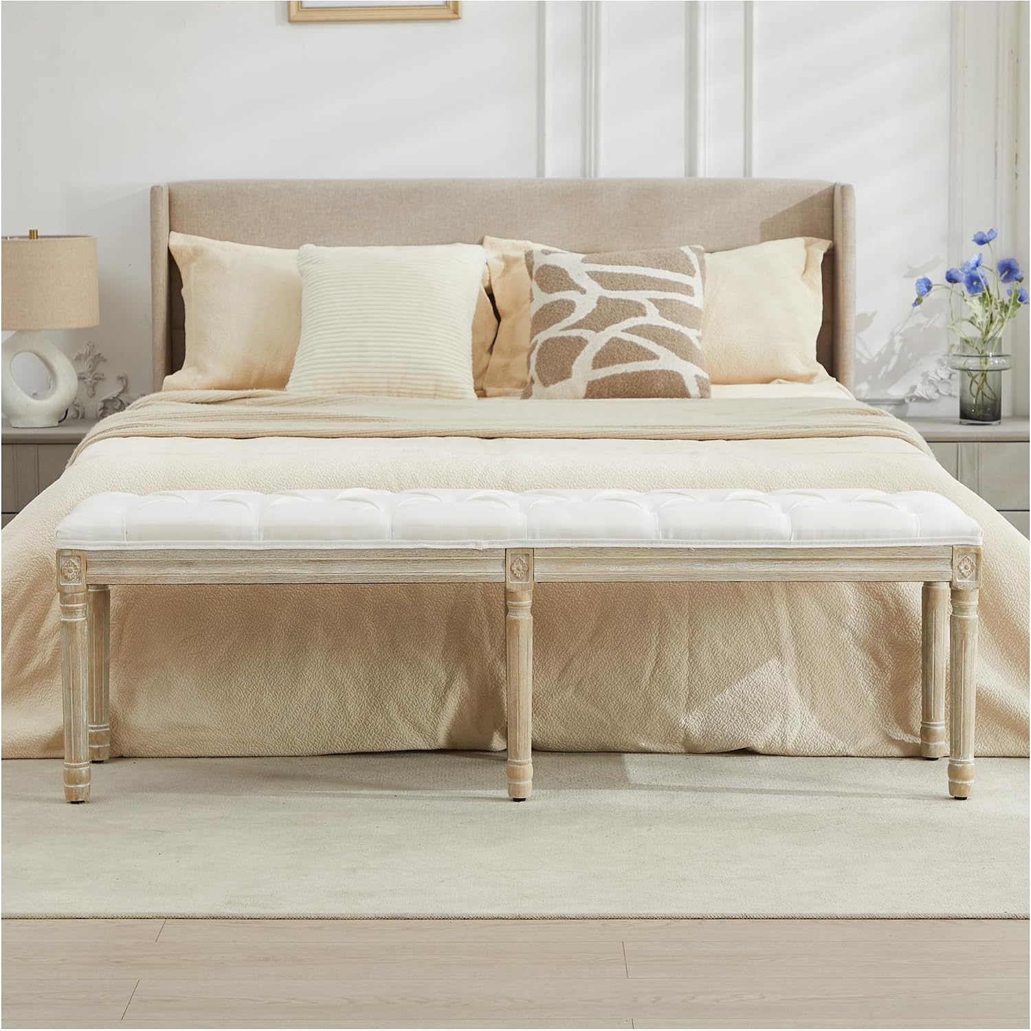 58'' Entryway Bench, Upholstered Button End of Bed Bench, Vintage Bench with Carving Pattern Wood Legs, Vanity Foot-Stool, White