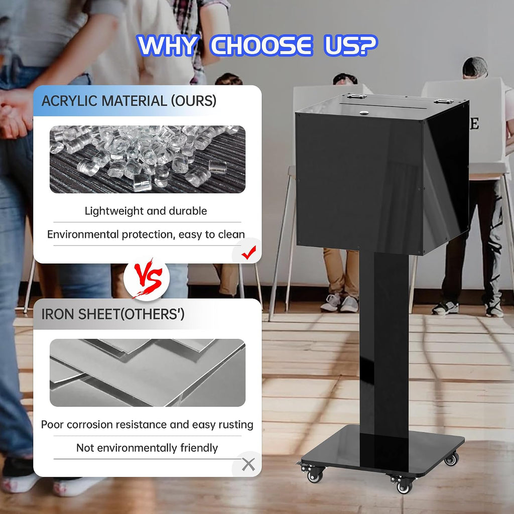 Acrylic Donation Box with Stand on Wheels, Mobile Locking Offering Box for Church & Charity, Private Standing Suggestion Box with Casters for Office, Large Floor Ballot Box, Tithe Box (Opaque Black)