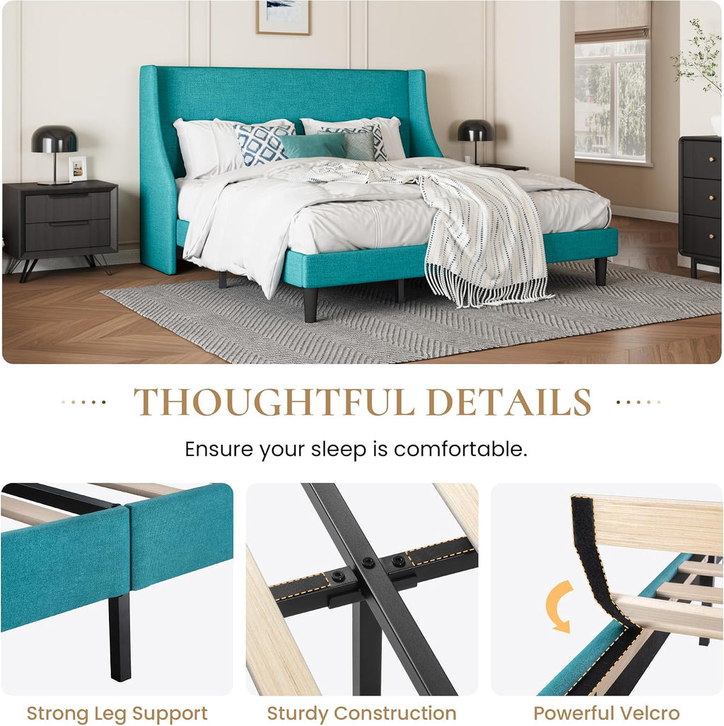 SHA CERLIN Upholstered Bed Frame King Size with Streamlined Wingback Headboard, Breathable Linen Fabric, Solid Wooden Slats, Easy Assembly, Blue