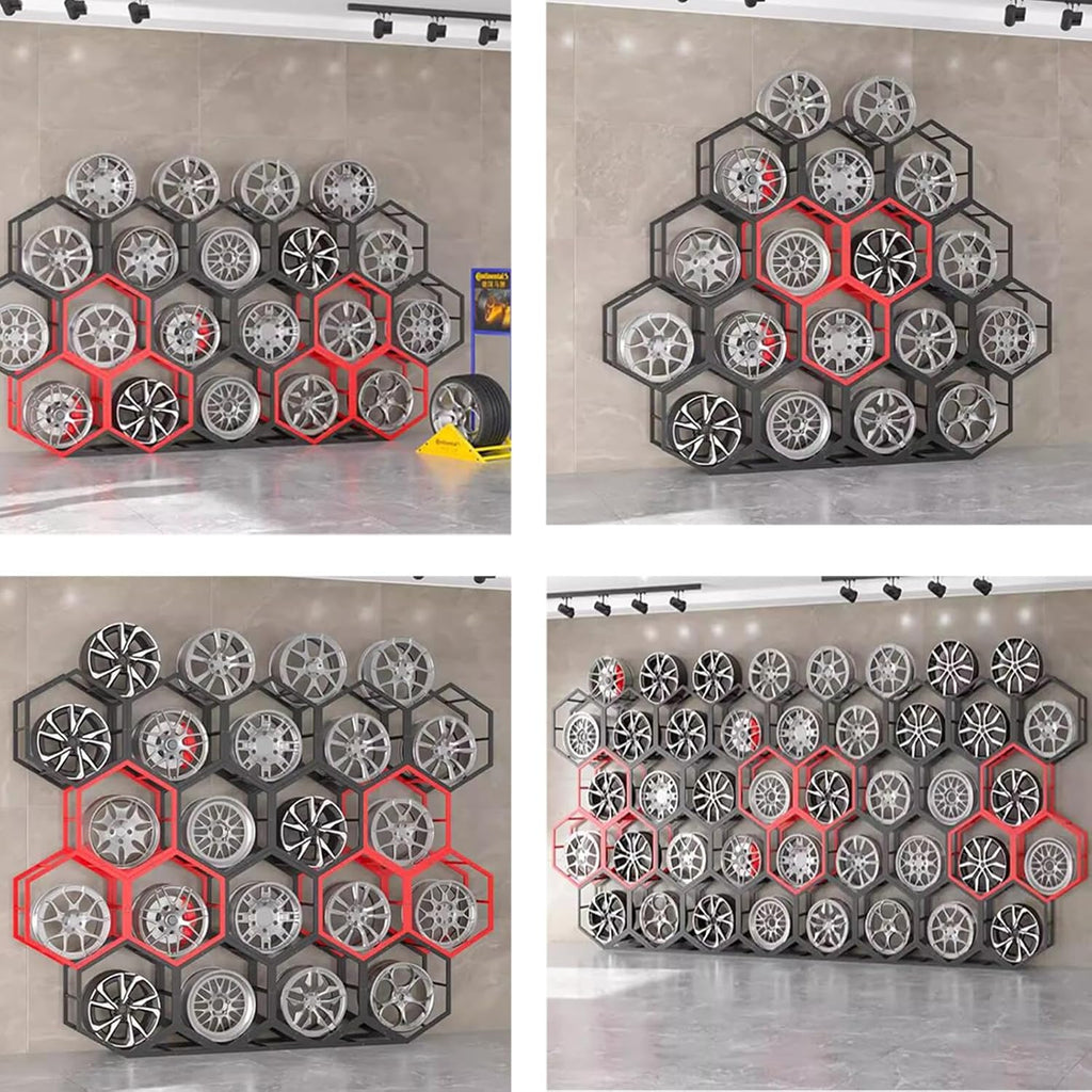 Hexagon Rim Tire Storage Tire Rack, Wall Tyre Display Holder for Garage Storeroom Car Dealerships, Triangle Iron Base Spare Tire Equipment Shelf -2+1