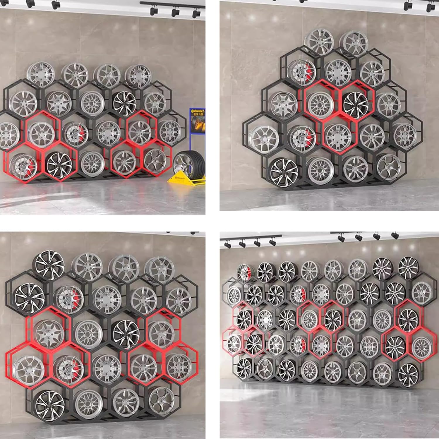 Hexagon Rim Tire Storage Tire Rack, Wall Tyre Display Holder for Garage Storeroom Car Dealerships, Triangle Iron Base Spare Tire Equipment Shelf -2+1