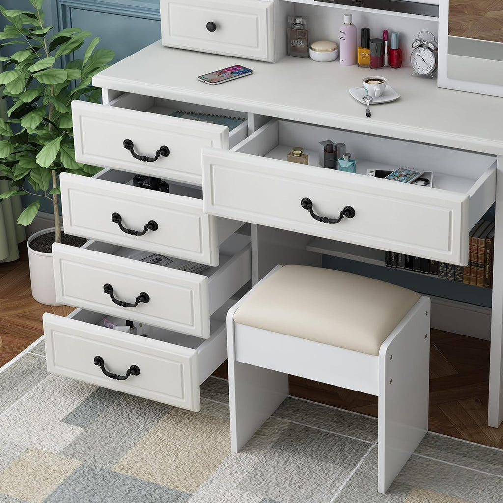 Makeup Vanity Desk with Mirror and Lights, Vanity Table Set with Storage Drawer & Chair & 3 Shelves, 3 Lighting Colors, Adjustable Brightness White Makeup Vanity with Lights (Large)