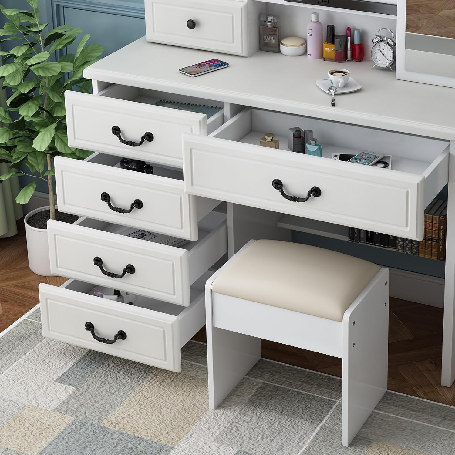 Makeup Vanity Desk with Mirror and Lights, Vanity Table Set with Storage Drawer & Chair & 3 Shelves, 3 Lighting Colors, Adjustable Brightness White Makeup Vanity with Lights (Large)