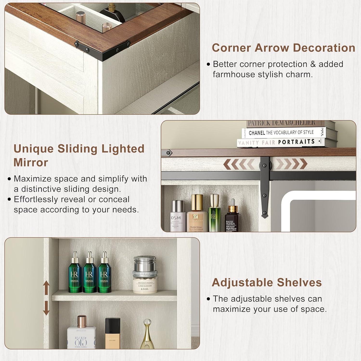 Farmhouse Makeup Vanity Desk with Sliding Mirror and Lights, 42' Glass Top White Vanity Set with Charging Station & 4 Drawers & 2 Cabinets, Dressing Table with Stool for Bedroom
