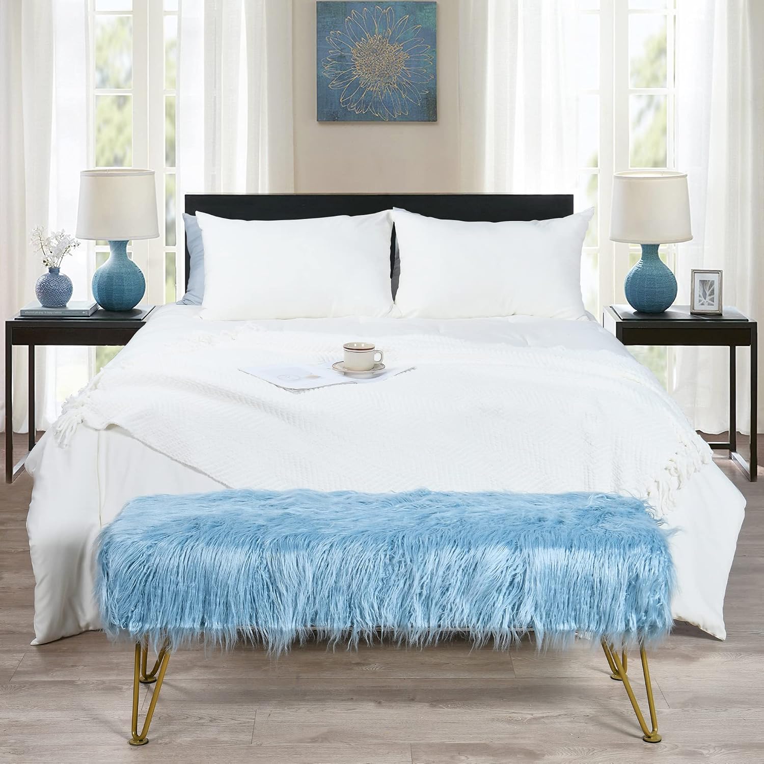 Blue Soft Plush Faux Fur Ottoman Entryway Bench Furry Footrest Stool 46'x16'x17' Sturdy Accent Long Bench for Bedroom End of Bed Vanity Closet Fuzzy Coffee Table for Living Room with Gold Legs