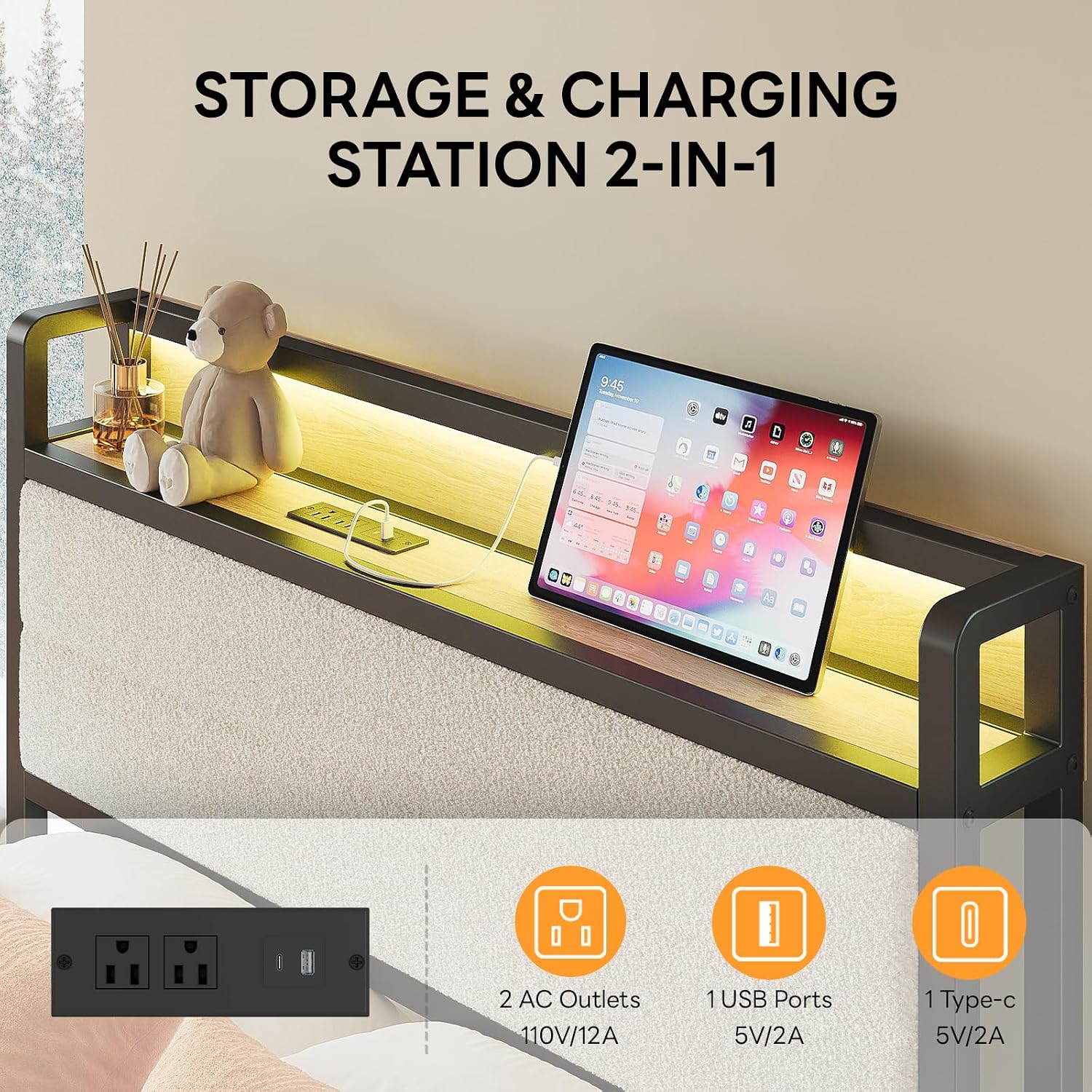 LIKIMIO Twin XL Bed Frame with Storage Headboard and LED Lights, Metal Platform Bed with Charging Station, Noise Free, No Box Spring Needed, Under Bed Storage, Natural and Cream