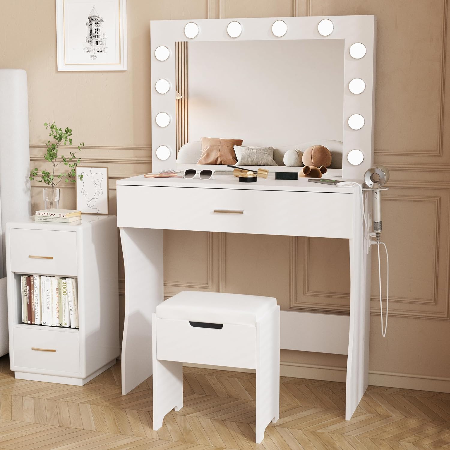 Halitaa Vanity Desk with Lights, Makeup Vanity Desk with Lighted Mirror and Charging Station, ，3 Lighting Modes Adjustable Brightness,Makeup Vanity Set with Cushioned Chair