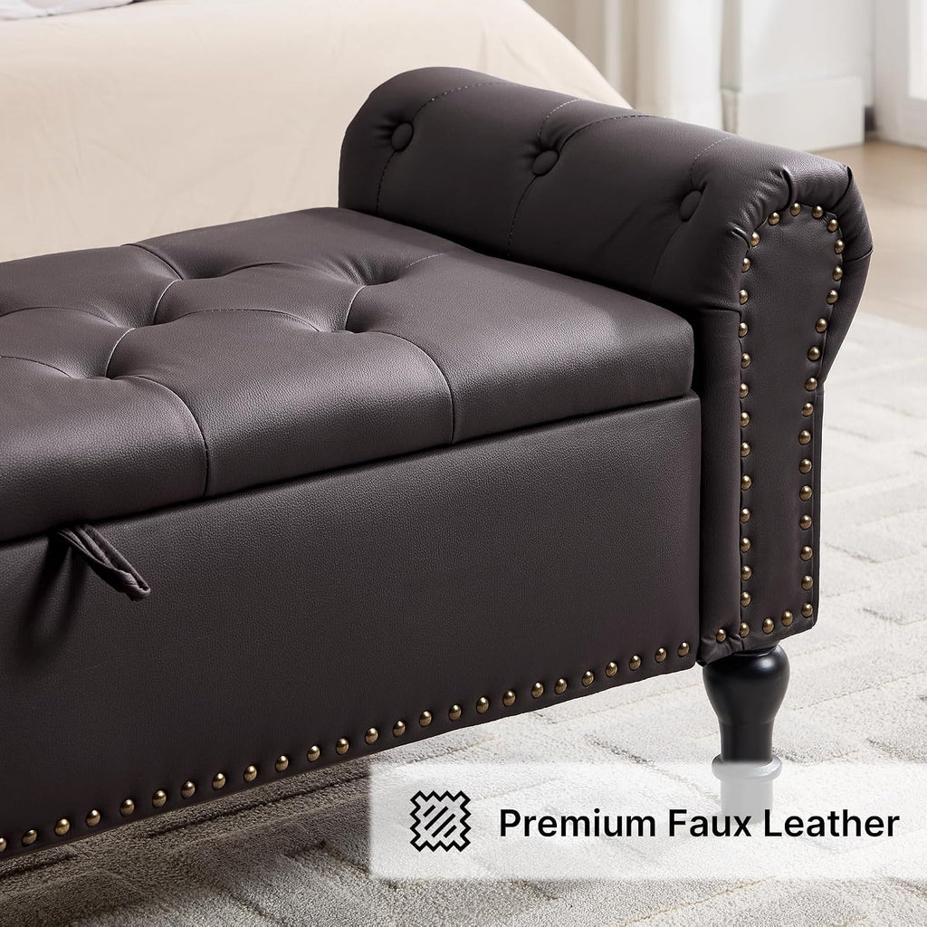 51' Storage Bench for Bedroom, Faux Leather End of Bed Bench, Queen Size Bench with Rolled Arms, Tufted Storage Ottoman Benches, Upholstered Bench for Bedroom, Living Room, Entryway, Dark Brown