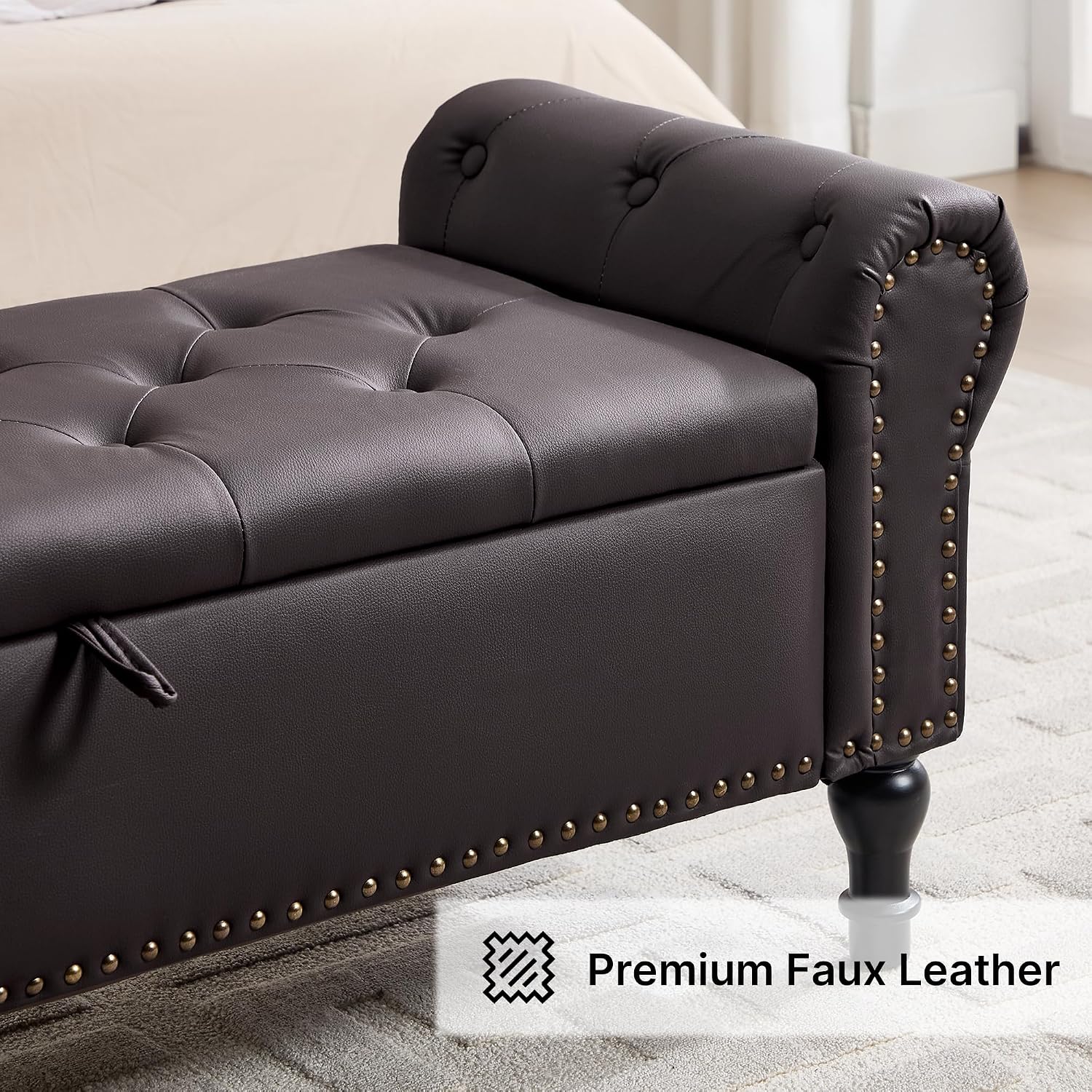 51' Storage Bench for Bedroom, Faux Leather End of Bed Bench, Queen Size Bench with Rolled Arms, Tufted Storage Ottoman Benches, Upholstered Bench for Bedroom, Living Room, Entryway, Dark Brown