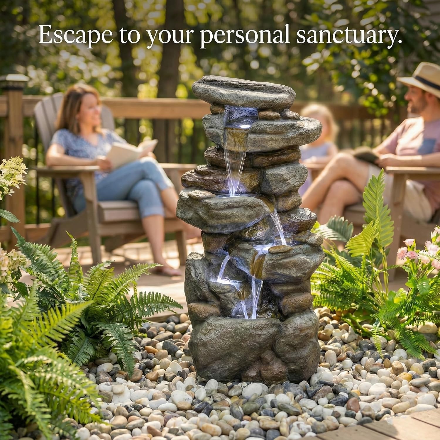 Outdoor Water Fountain Large - Stone Fountains with LED Light for Patio Yard Garden Backyard Decking Outdoor or Entryway Decor 30''