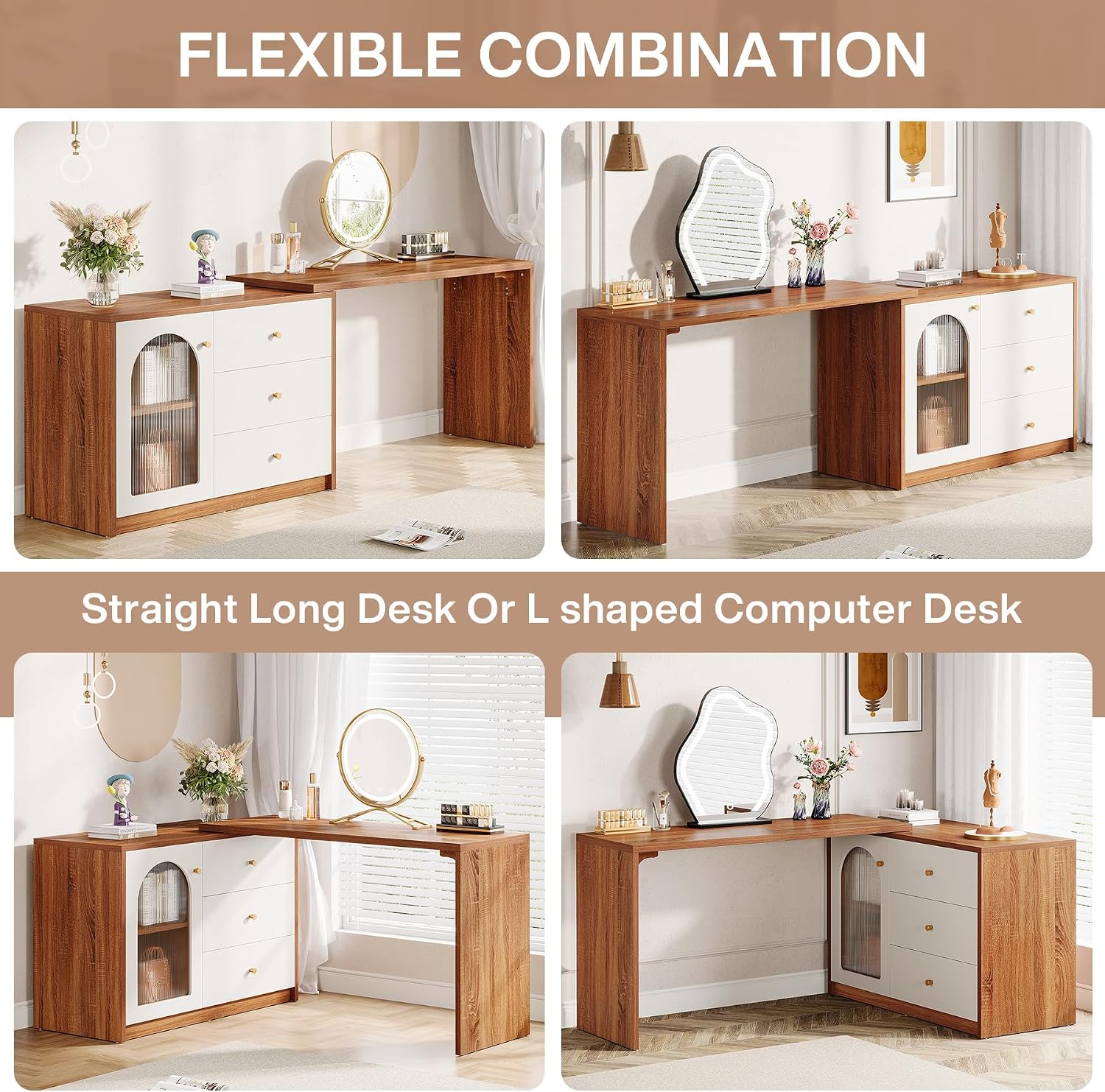 Tribesigns Modern Makeup Vanity, Retractable Large Vanity Desk with 3 Drawers and Cabinet, Makeup Corner Dressing Table for Bedroom, Walnut and White (Without Mirror)