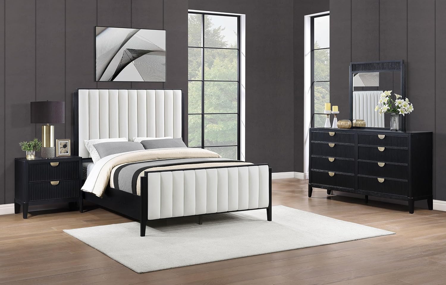Coaster Home Furnishings Brookmead Transitional 4-Piece Bedroom Set Fabric Upholstered California King Size Panel Bed Frame 60-inch Headboard Black 224710KW-S4