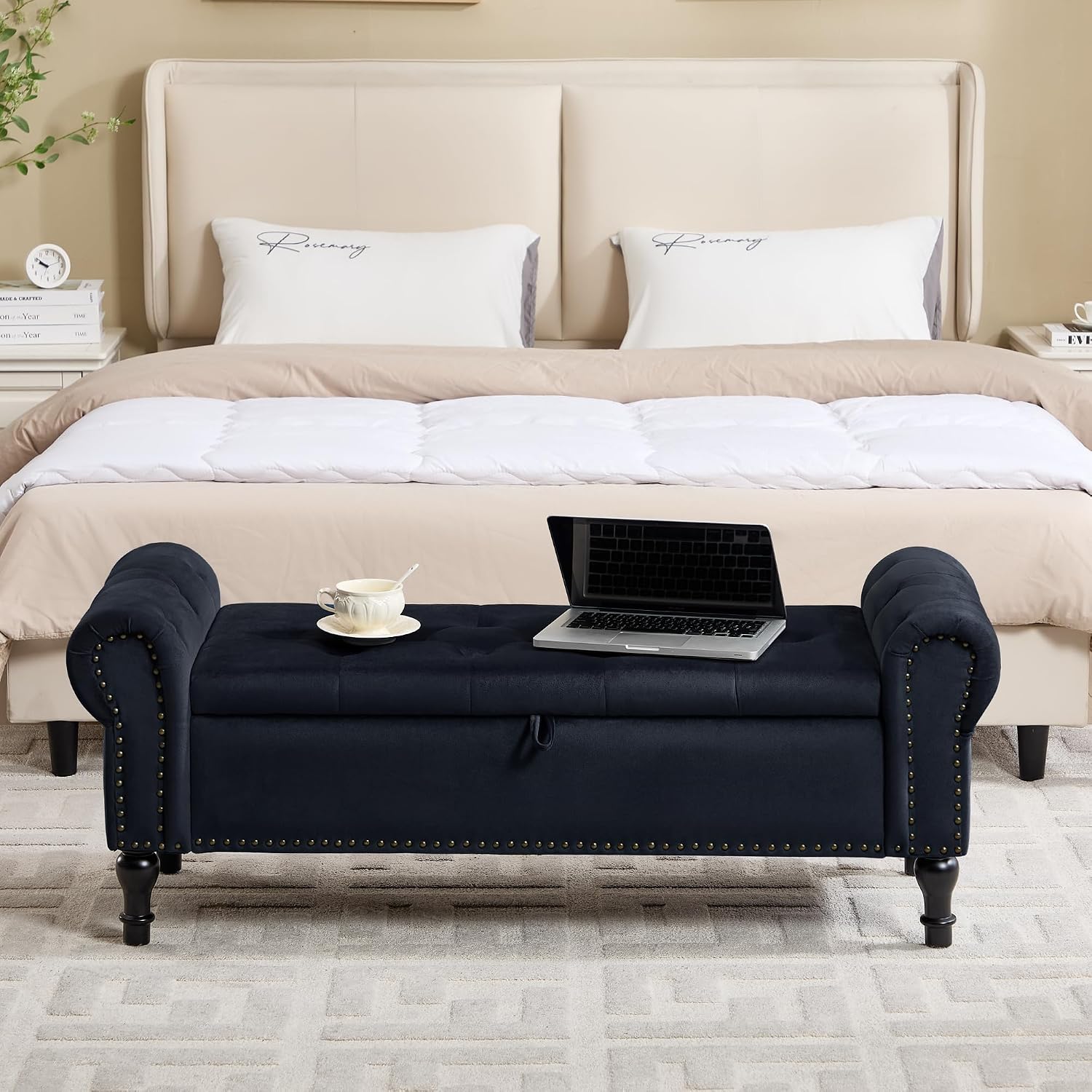 Storage Bench for Bedroom, 51' Upholstered End of Bed Bench, Velvet Queen Size Benches with Rolled Arms, Tufted Button Storage Long Ottoman, Living Room, Entryway, Black