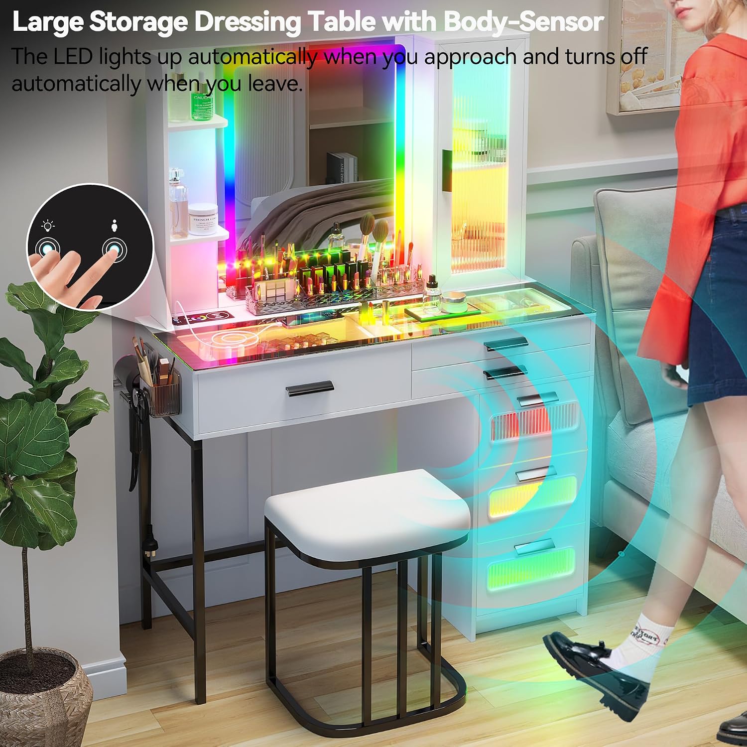 HENBC Vanity with Mirror and LED Lights, Glass Top Vanity Desk with Charging Station(Wireless+USB+Type-C), RGB Makeup Table Set with Stool/Makeup Organizer/6 Drawers (White)
