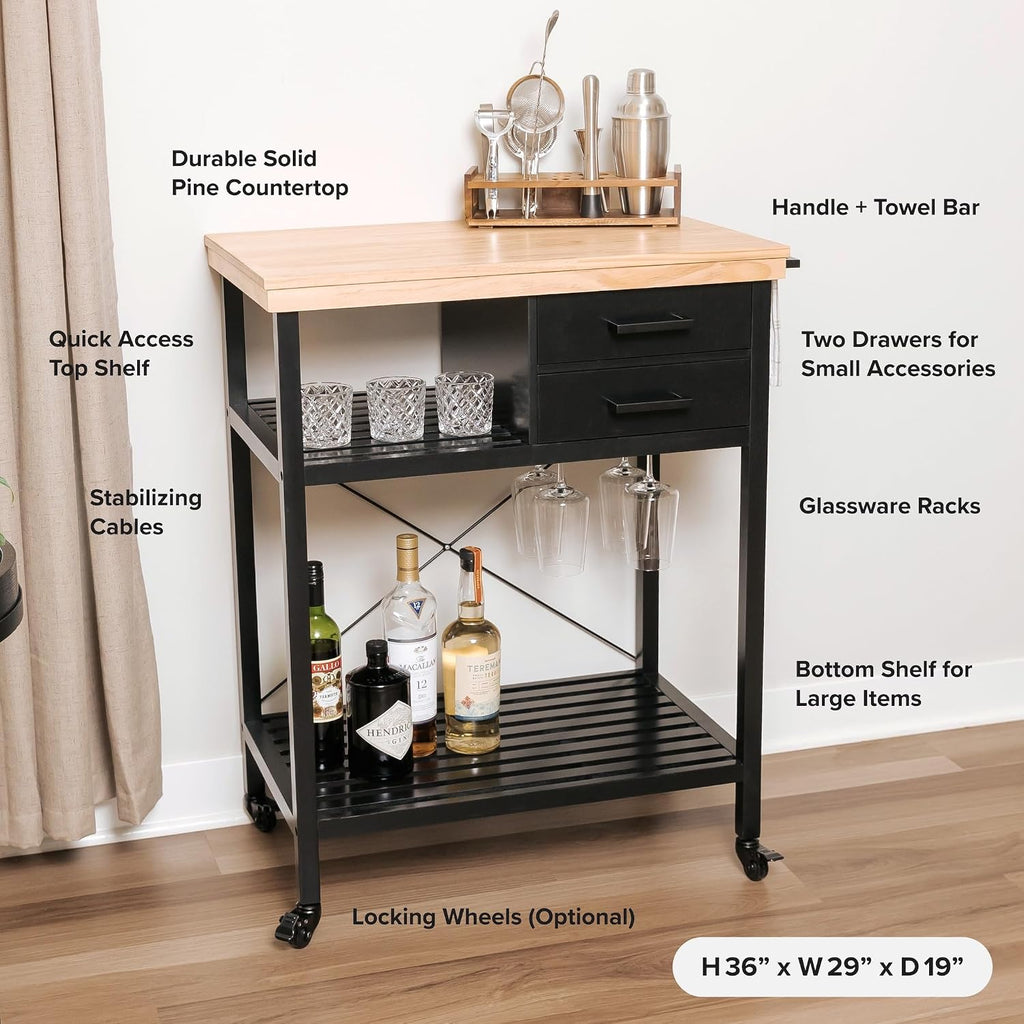 Kitchen Island Cart with Storage – Solid Wood Rolling Coffee Cart with Pine Top, 2 Drawers, Shelves & Wine Rack – Mobile Kitchen Island with Black Base