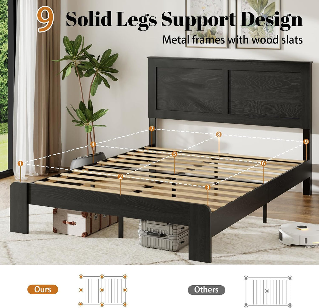 QNICE Wooden Bed Frame Full Size with Headboard - Farmhouse Platform Bed Frame, Wood Slat Support, No Box Spring Needed & Easy Assembly with Large Under Bed Storage (Rustic Black)