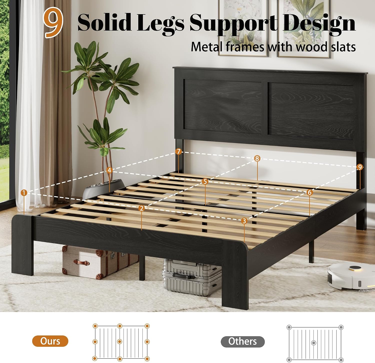 QNICE Wooden Bed Frame Full Size with Headboard - Farmhouse Platform Bed Frame, Wood Slat Support, No Box Spring Needed & Easy Assembly with Large Under Bed Storage (Rustic Black)