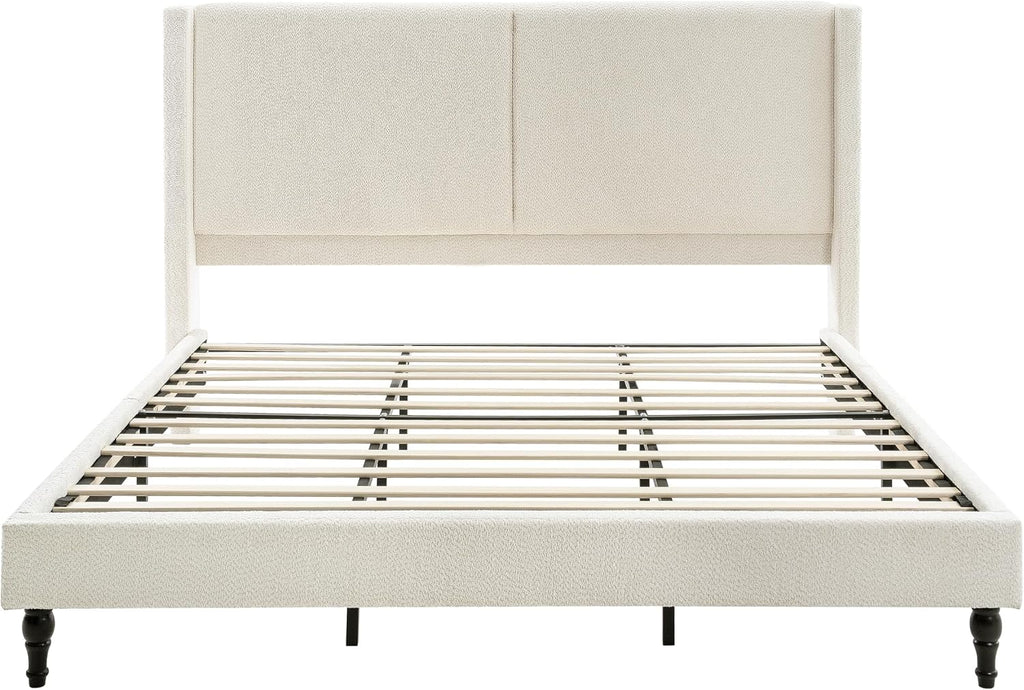 KEIKI King Size Boucle Platform Bed, Upholstered Metal Bed Frame with Tall Headboard, Wingback Solid Tufted Bedframe Queen-Size, Wood Slat Support, No Box Spring Needed, Easy Assembly, Beige