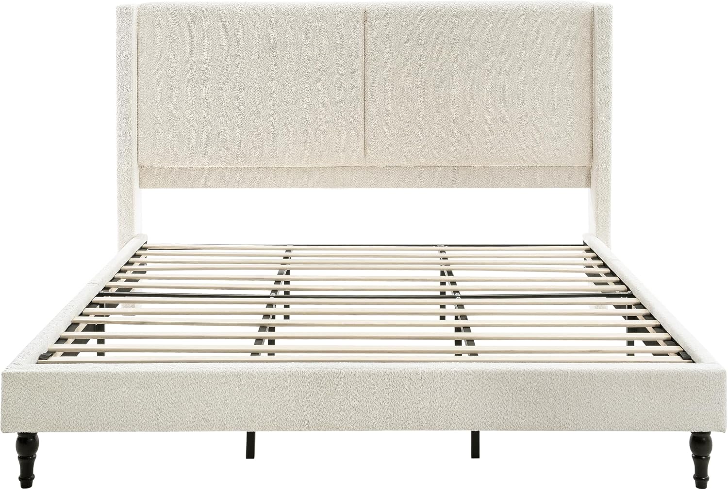 KEIKI King Size Boucle Platform Bed, Upholstered Metal Bed Frame with Tall Headboard, Wingback Solid Tufted Bedframe Queen-Size, Wood Slat Support, No Box Spring Needed, Easy Assembly, Beige