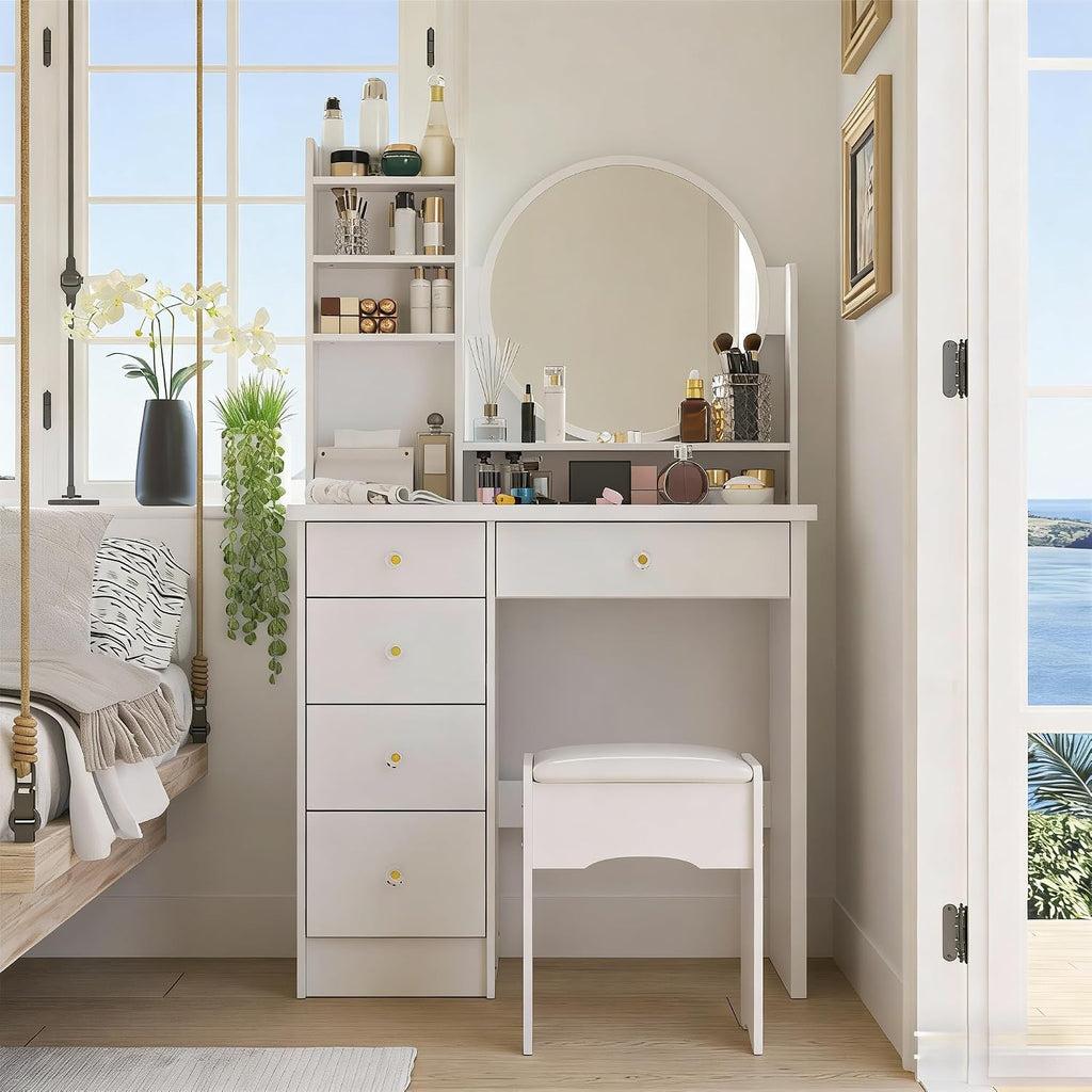 FUFU&GAGA White Vanity Set with Round Mirror, Makeup Vanity Bedroom Dressing Table with 5 Drawers, Shelves, Dresser Desk and Cushioned Stool