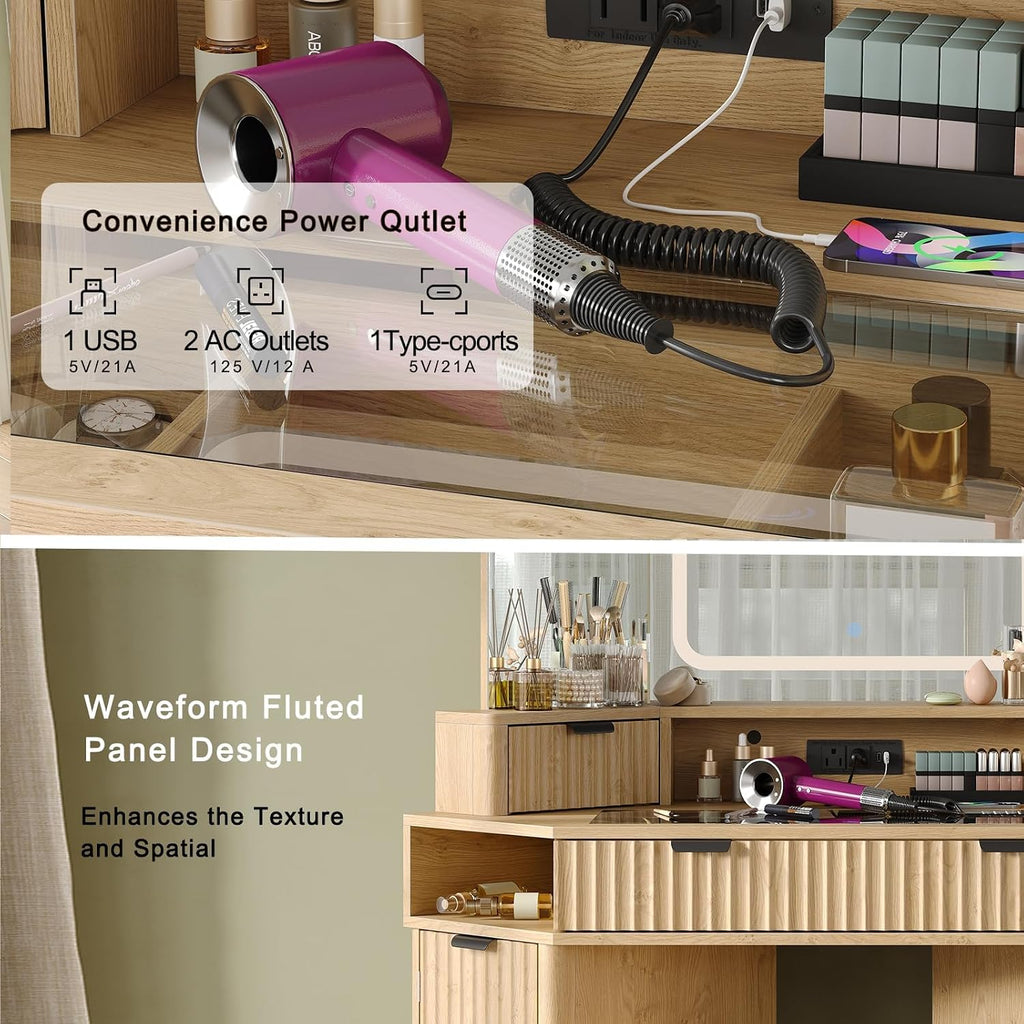 Modern 48'' Fluted Makeup Vanity Desk with HD Triple Mirror & LED Lights – Spacious Corner Dressing Table with Glass Top, 3 Drawers & 2 Cabinets for Stylish Bedroom Decor (Oak)
