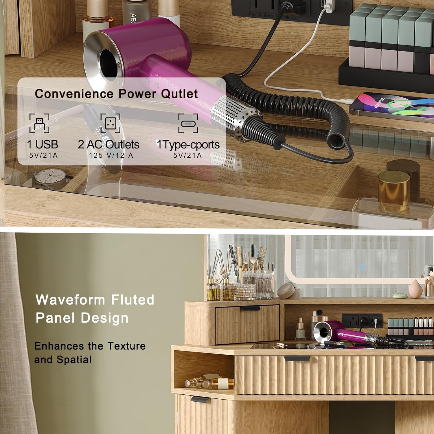 Modern 48'' Fluted Makeup Vanity Desk with HD Triple Mirror & LED Lights – Spacious Corner Dressing Table with Glass Top, 3 Drawers & 2 Cabinets for Stylish Bedroom Decor (Oak)