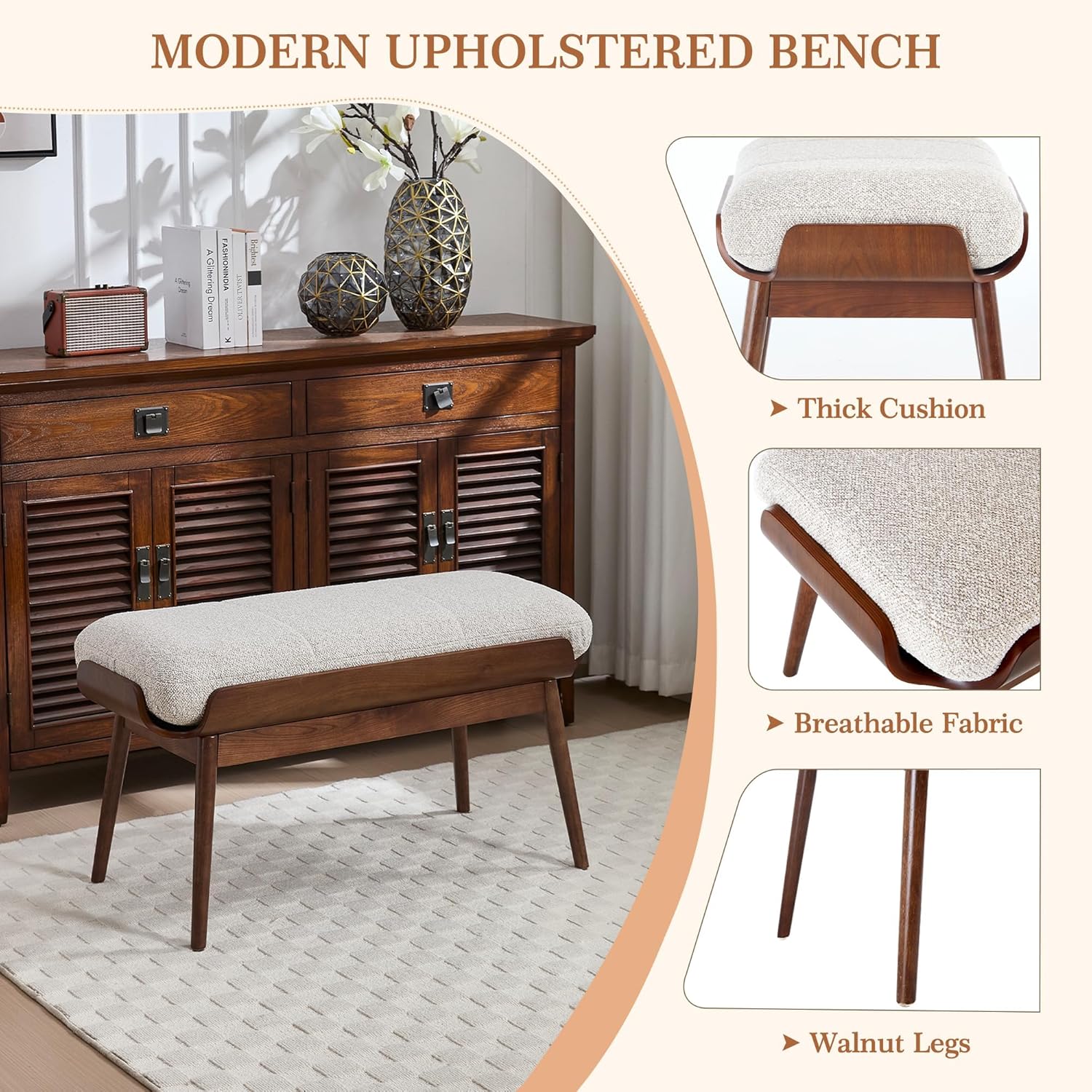 BFZ 37.4' Bedroom Bench End of Bed Bench, Dining Bench with Padded Seat and Walnut Wood Frame, Upholstered Fabric Window Ottoman Bench for Entryway Hallway, Living Room