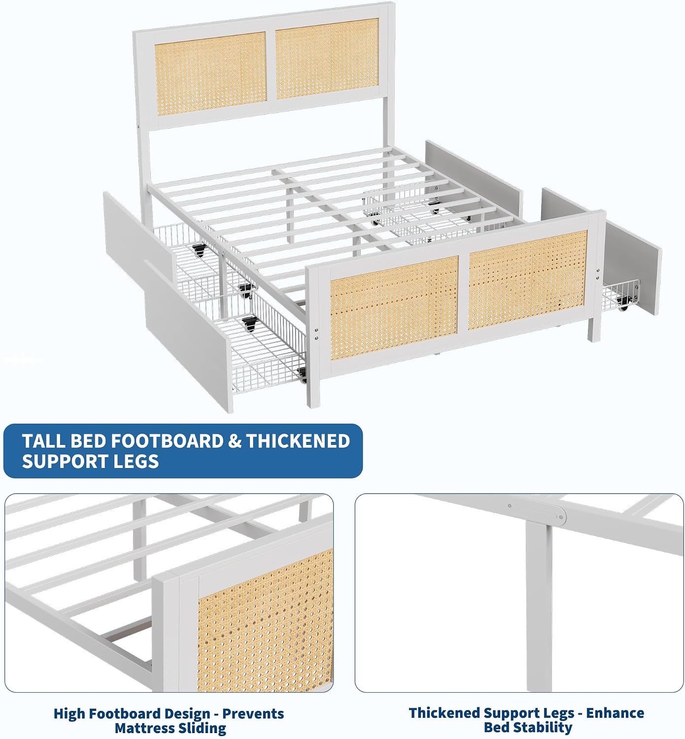 IDEALHOUSE Rattan Bed Frame with Storage Drawers, Boho Full Size Led Bed Frame with Strong Metal Slats Support, No Box Spring Needed, Noise-Free Design, White