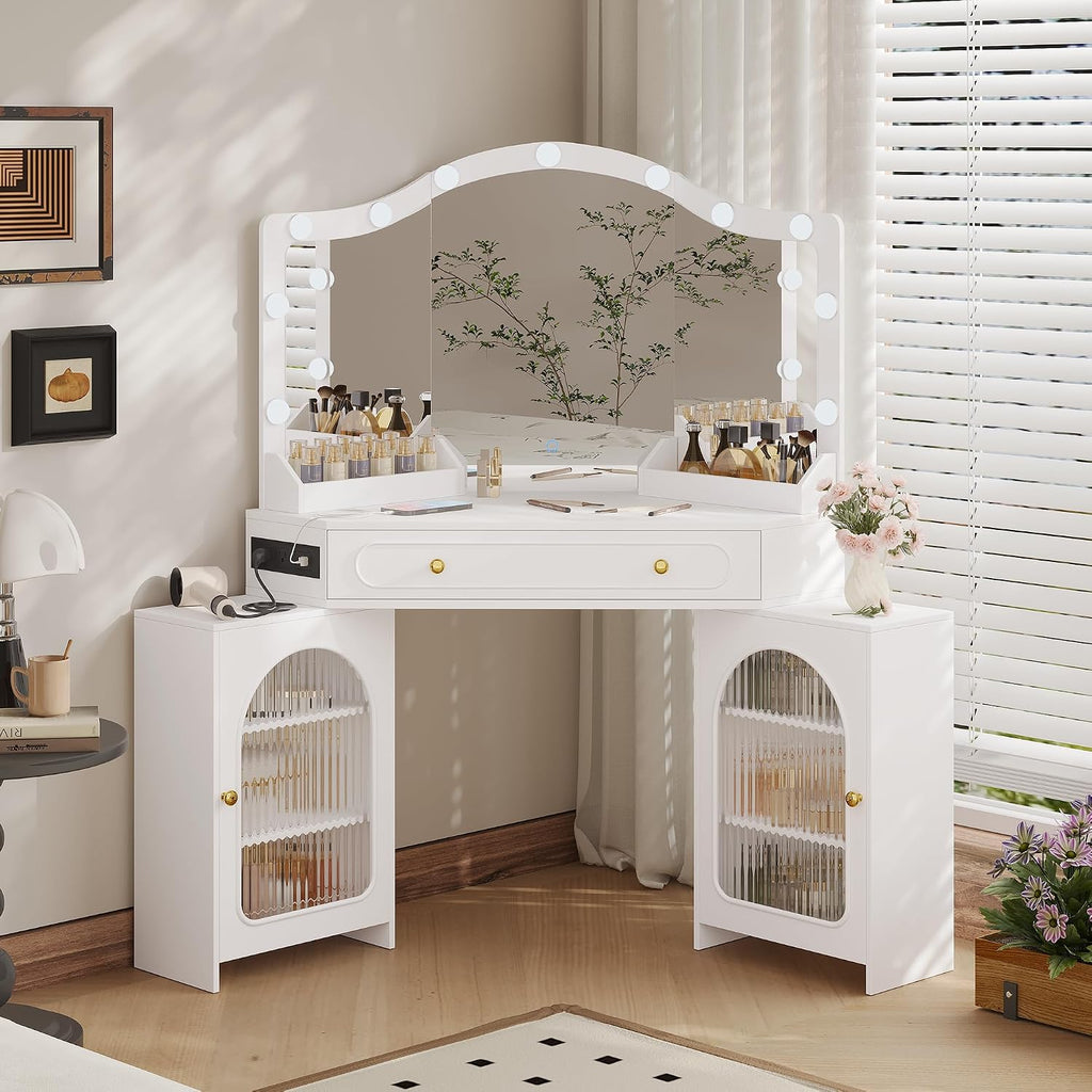 Corner Vanity Desk with 3 Way Mirror & LED Lights, Makeup Table Set with Charging Station, Storage Drawers & Side Cabinets, Modern Bedroom Dressing Table for Women & Girls Birthday Gift