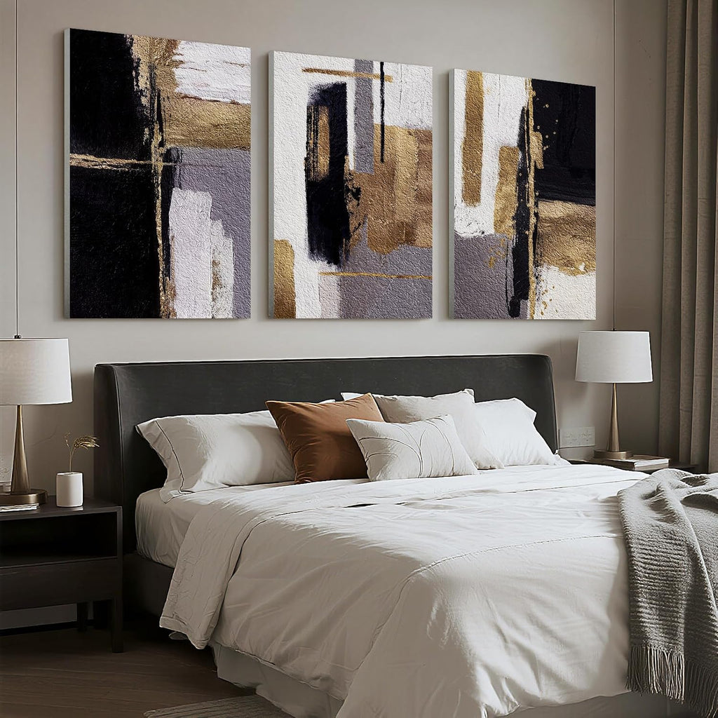 Bzstyleart Large Abstract Wall Art for Living Room, 3 Piece Modern Textured Wall Art Minimalist Painting Picture Print for Hallway Office Bedroom, Neutral Abstract Artwork, Black & Gold, 24 x 36 Inch