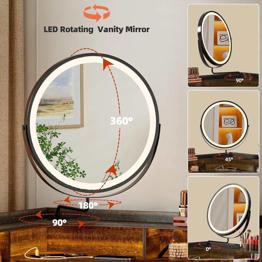 Corner Vanity Desk with Rotating Mirror and Lights,Glass Top Makeup Vanity with Human Body Senor&Charging Station,LED Vanity Table Set with 5 Drawers and Shelves for Bedroom