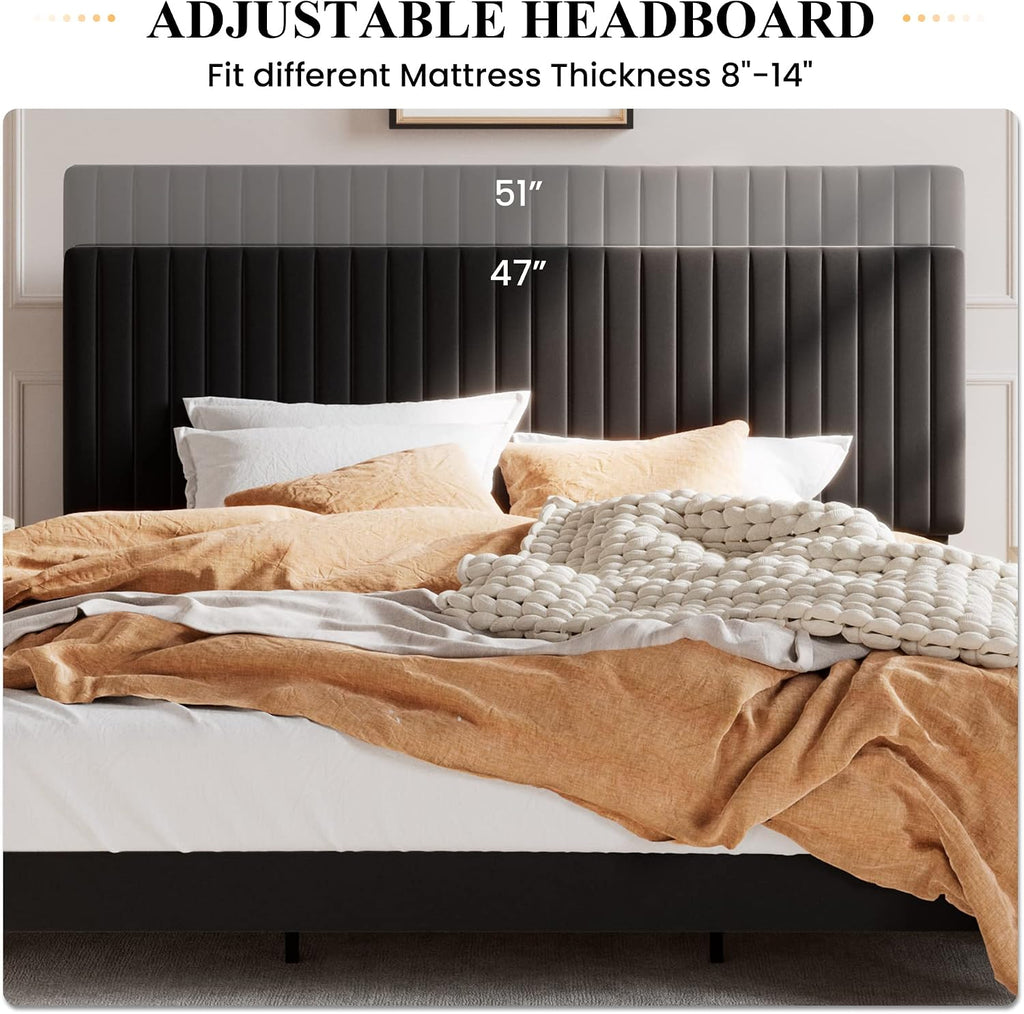 SHA CERLIN King Upholstered Platform Bed Frame with Adjustable Headboard/Vertical Channel Tufted Velvet Fabric/Wooden Slats Support/Mattress Foundation/Box Spring Optional/Black