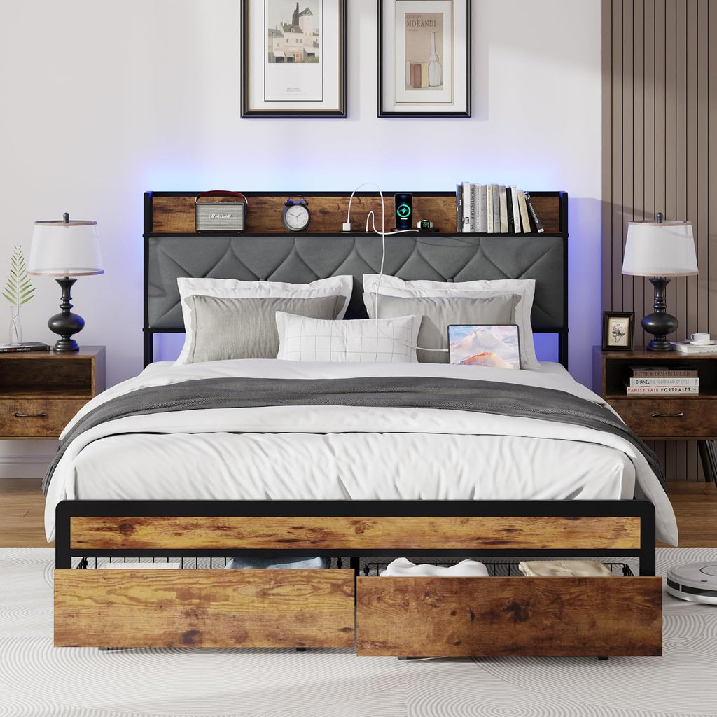 Full Size Metal Platform Bed Frame with Velvet Button-Tufted Headboard, 2 Storage Drawers, LED Light & USB Charging Port, Heavy Duty, Brown Wooden Panel, No Box Spring Needed (Brown, Full)