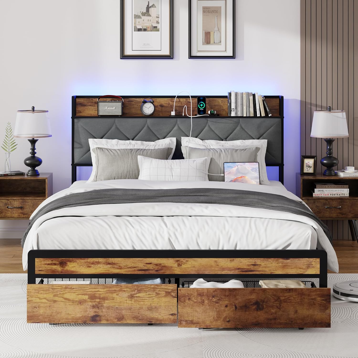 Full Size Metal Platform Bed Frame with Velvet Button-Tufted Headboard, 2 Storage Drawers, LED Light & USB Charging Port, Heavy Duty, Brown Wooden Panel, No Box Spring Needed (Brown, Full)