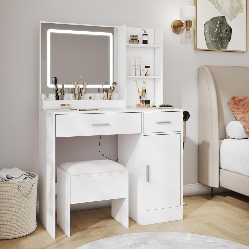 Roundhill Furniture Lavin Makeup Vanity Set, Vanity Desk with Stool, LED Light Mirror and Charging Station, White