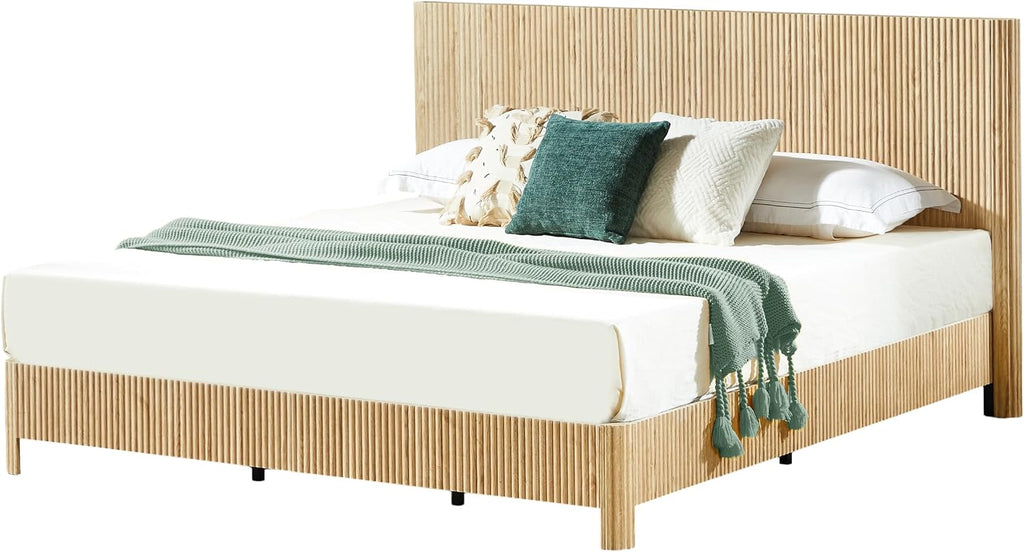King Size Wood Bed Frame with Headboard, Modern Retro Oak Platform Beds Frames, Mid Century Rustic Wooden Bedroom Floor-BedFrame, No Box Spring Needed, Easy Assembly (Oak, King, Metal Base)