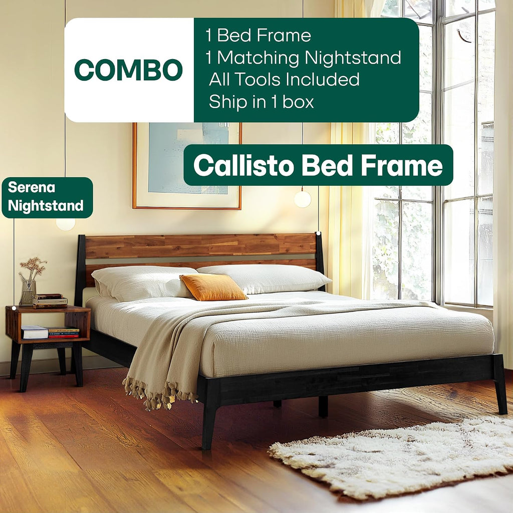 Acacia Callisto Bed Frame with Headboard Solid Wood Platform Bed, 800 lbs Capacity Bed Frame, Contemporary Signature Wood Bed Compatible with All Mattress Types (Black Ristretto + Nighstand, King)