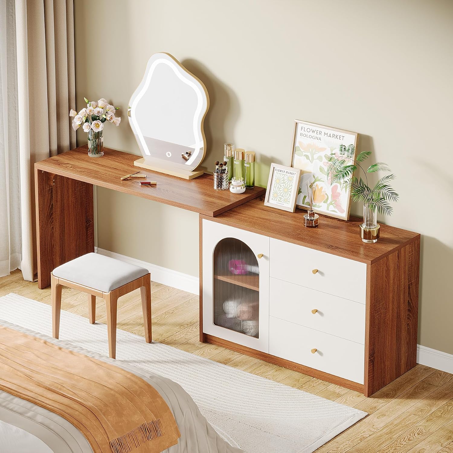 Tribesigns Modern Makeup Vanity, Retractable Large Vanity Desk with 3 Drawers and Cabinet, Makeup Corner Dressing Table for Bedroom, Walnut and White (Without Mirror)