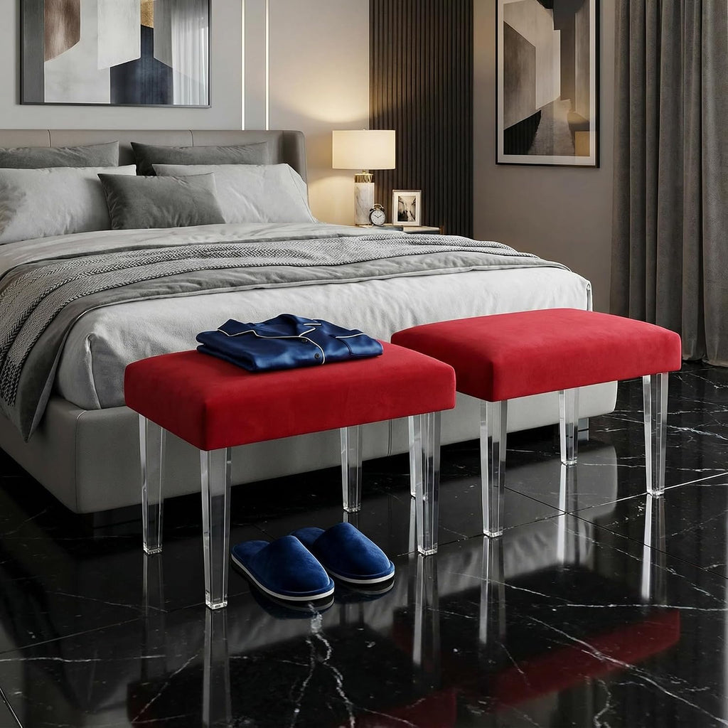 Cortesi Home Whitecrest Bench Ottoman with Clear Acrylic Legs 24' Wide Red Velvet