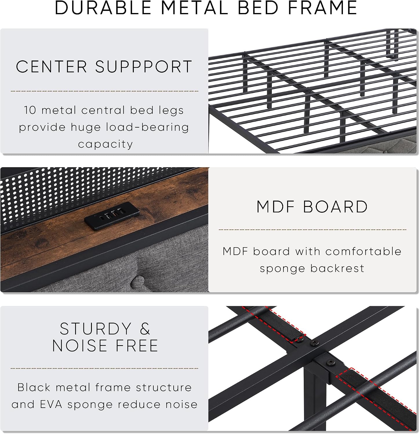 King Size Bed Frame with Storage Headboard, LED Lights and Charging Station, Upholstered Platform Bed with Heavy Metal Slats, Noise Free, No Box Spring Needed, Dark Gray