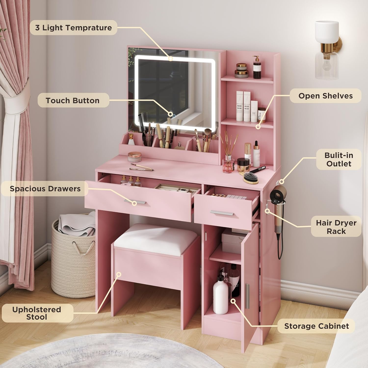 Roundhill Furniture Lavin Makeup Vanity Set, Vanity Desk with Stool, LED Light Mirror and Charging Station, Pink