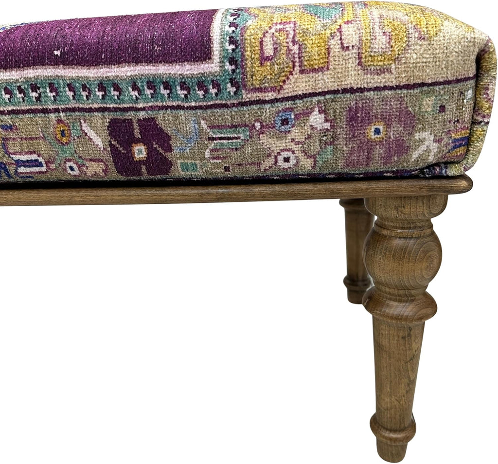 Boho Rug Upholstered Ottoman Bench, Piano Bench, Decorative Purple Ottoman Bench, Wood Bedroom Vanity Bench, Entryway Footstool Bench, Kitchen Dining Bench, (18x18X36, Purple Oushak)