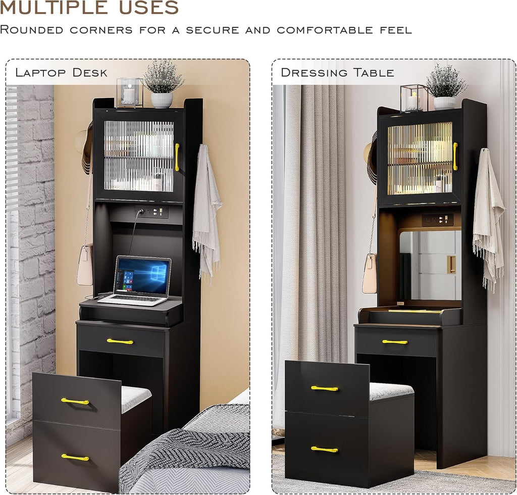 3 in 1 Vanity Desk with Mirror and Lights,Tall Makeup Vanity Set with Hidden Stool & Flip-up Mirror, Compact Make Up Vanity and Desk Combo for Small Spaces (Black)