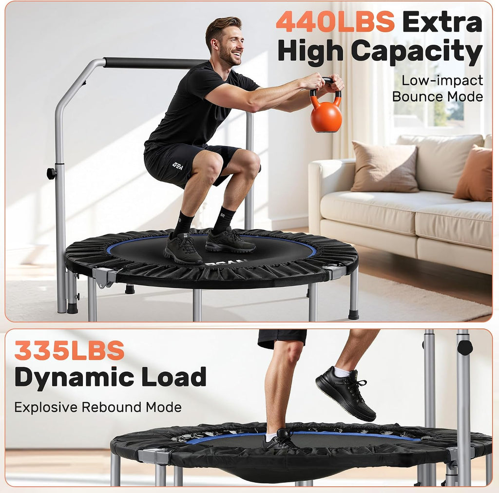 BCAN SP2 40/48' Foldable Mini Trampoline Max Load 330lbs/440lbs, Fitness Rebounder with Adjustable Foam Handle, Exercise Trampoline for Adults Indoor/Garden Workout | FED Fitness